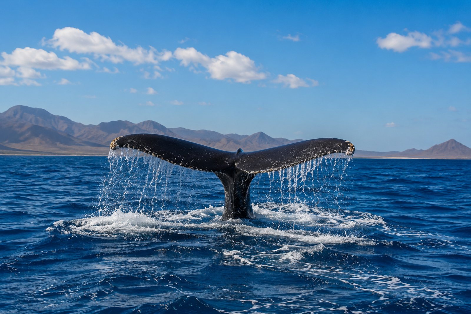 A humpback whale's tail rising from the blue Atlantic off Boa Vista, Cape Verde, with mountains behind