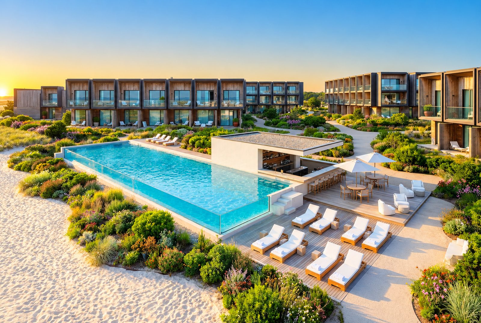 A modern beach resort with a pool, sun loungers and landscaped gardens, Cape Verde