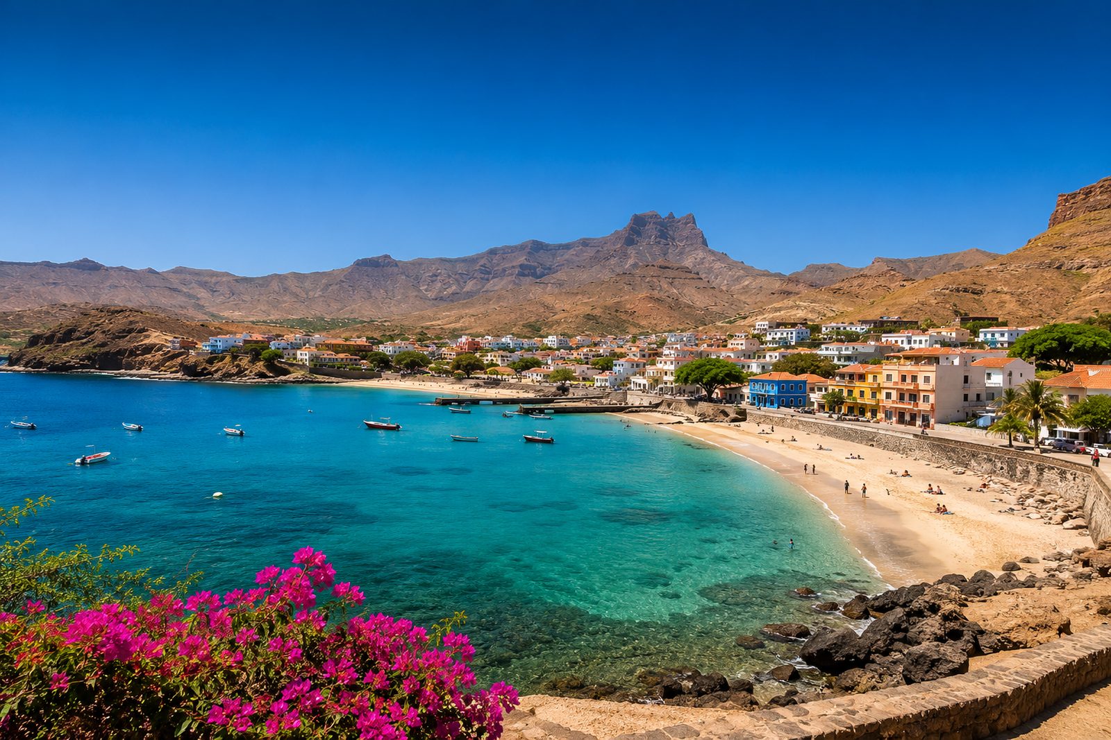 Cape Verde escudo banknotes and coins on a wooden table with an island coastline behind