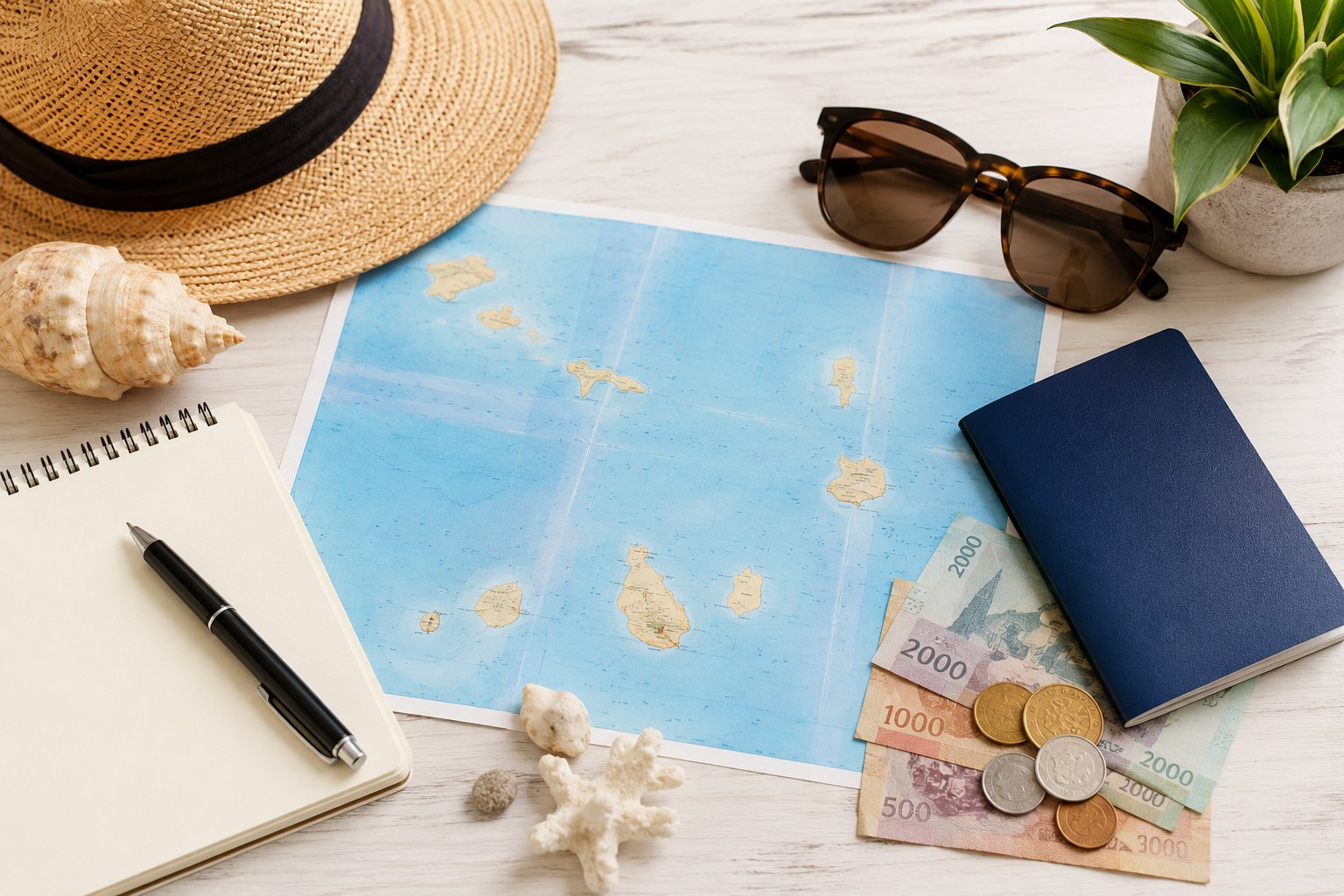 Travel planning desk with a Cape Verde map, sunglasses, notebook, passport and local money