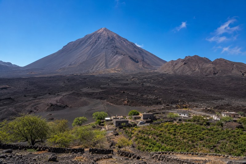 Pico do Fogo volcano above lava fields and villages on Fogo island, Cape Verde