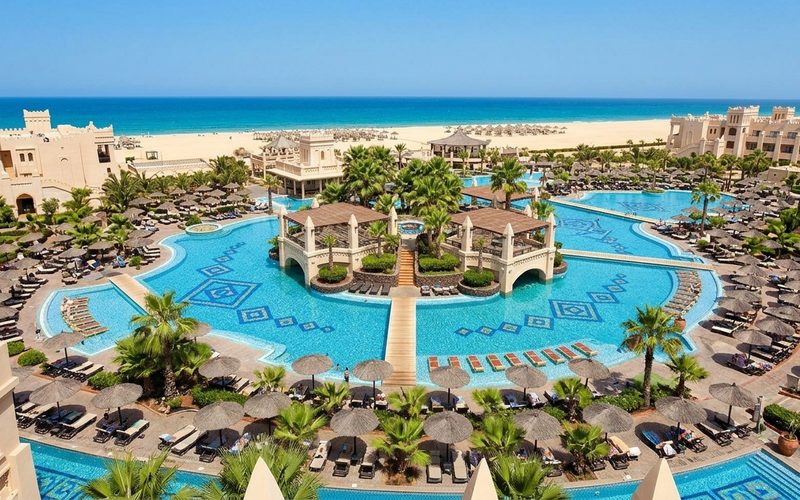 Riu Touareg on Boa Vista, Cape Verde: Moorish-style buildings around large blue pools with the beach and ocean behind