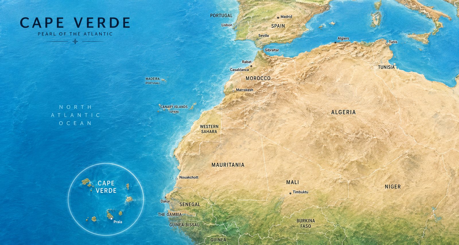 Map showing the location of Cape Verde in the North Atlantic Ocean off the coast of West Africa, near Senegal and the Canary Islands