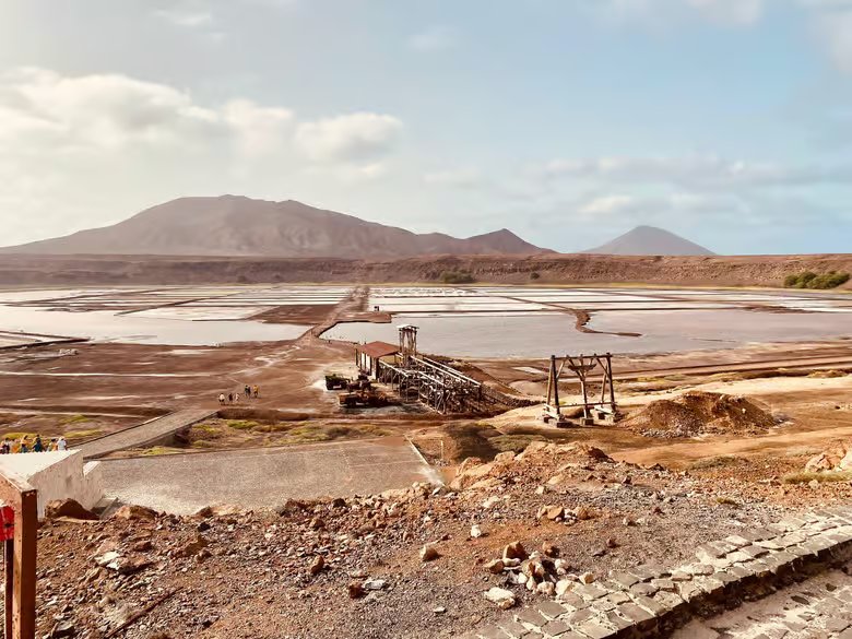 Salt pans and the old salt works inside the Pedra de Lume crater on Sal, Cape Verde