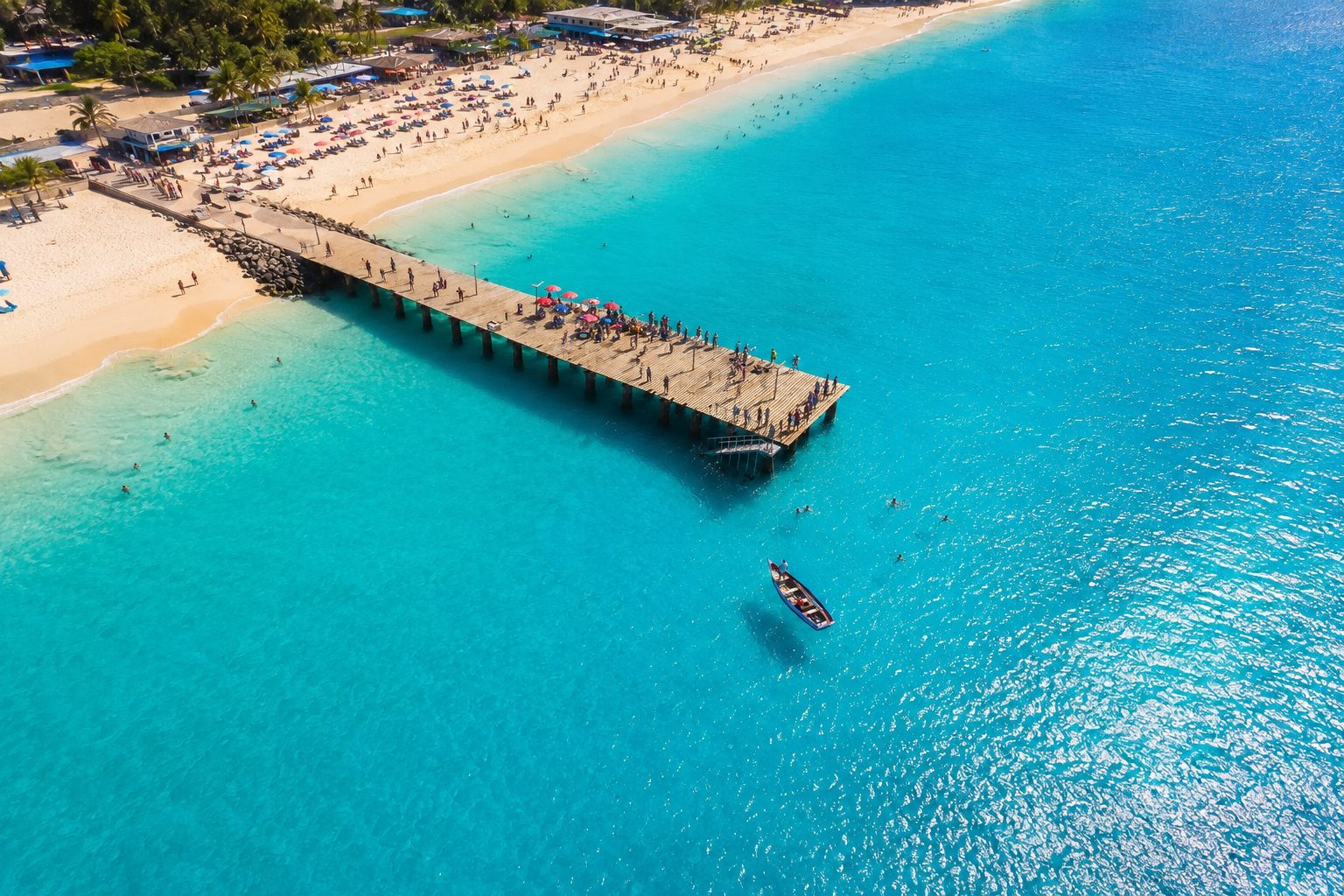 Aerial view of the wooden pier and turquoise sea at Santa Maria beach, Sal, Cape Verde