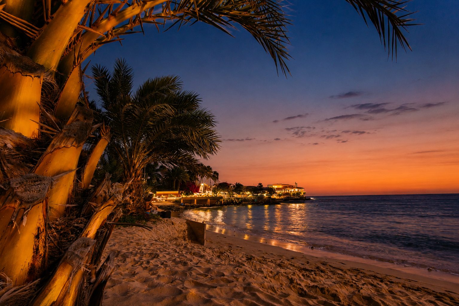 Palm trees and a lit-up beachfront at sunset in Santa Maria, Sal, Cape Verde