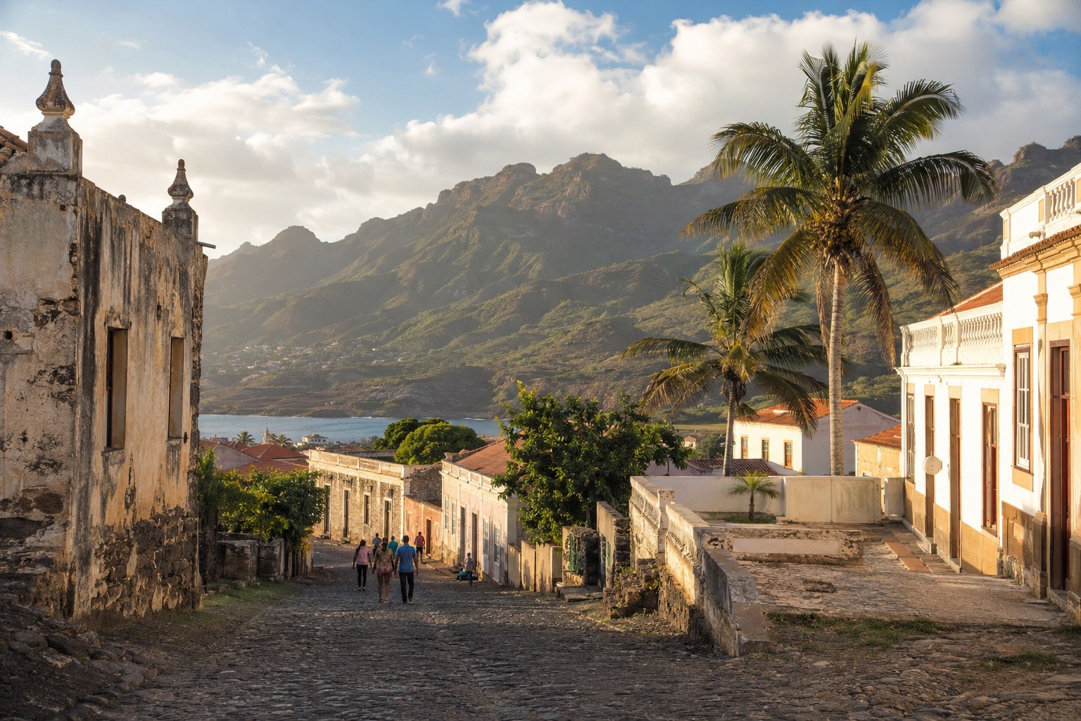 Historic street with old houses and palm trees on Santiago island, Cape Verde