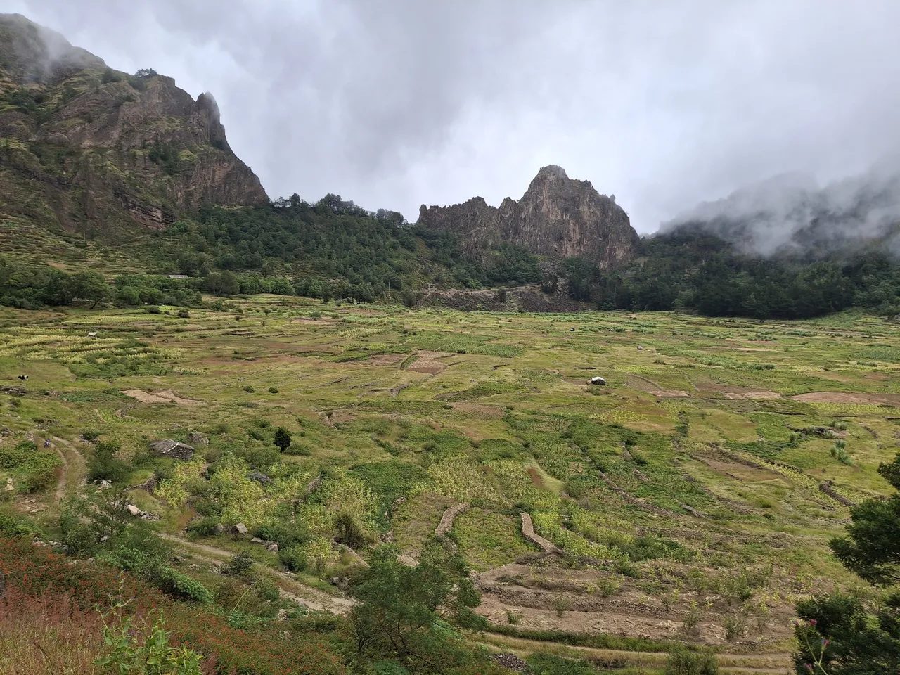 Walled fields on the floor of the Cova crater below rocky spires and pine-covered slopes, with cloud drifting in, Santo Antão